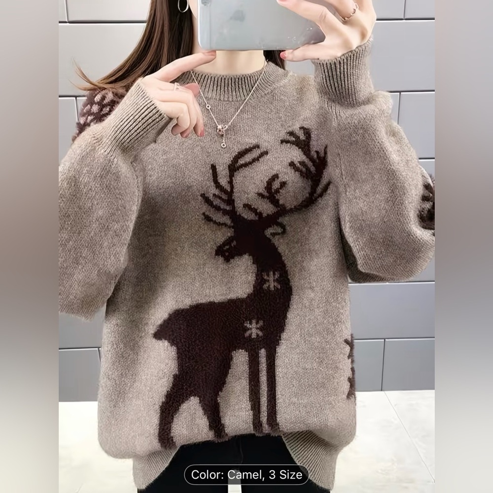 Woman’s Brown Reindeer Knitted Sweater